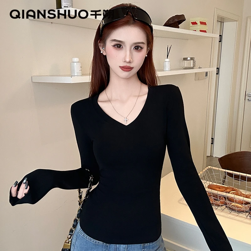 千朔新款V领正肩长袖T恤女秋季爆款洋气简约打底衫高级感上衣
