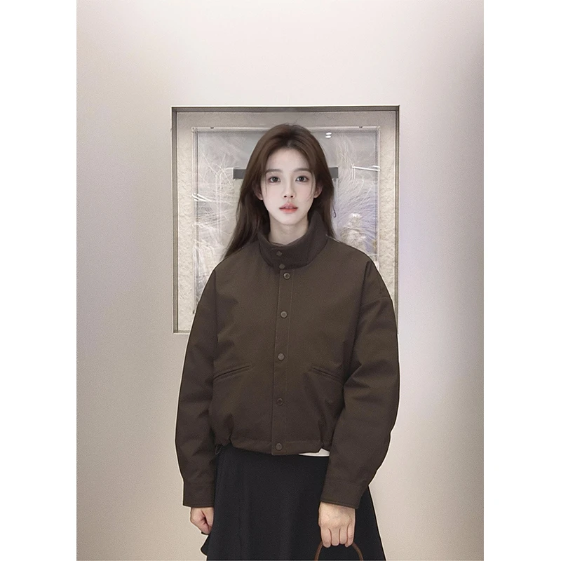 KSKM可可棕色工装羽绒服女2025冬季新款复古巴恩风老钱风短款外套
