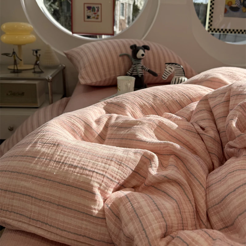 易安阁ins皱皱双层纱条纹粉色床上四件套1.5m1.8米纯棉被套床单