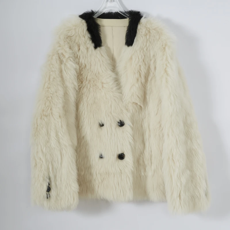 HERDERS 米白/黑色原生态皮毛一体女装外套30129