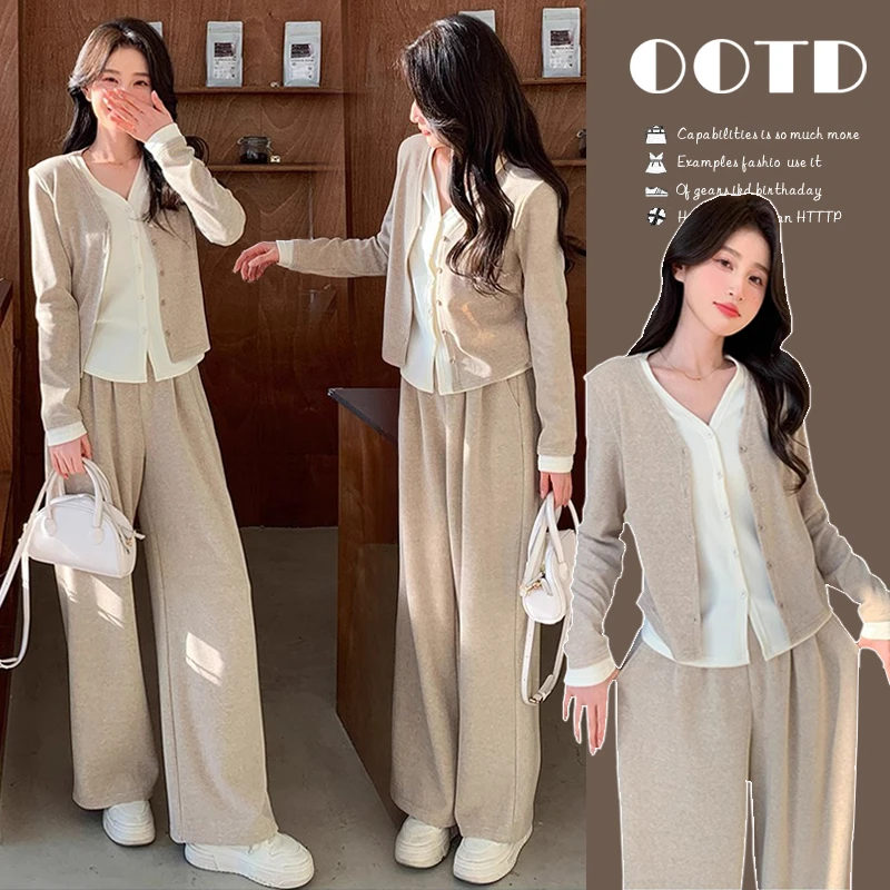 假两件针织开衫套装女秋季休闲减龄显瘦阔腿裤运动两件套 有