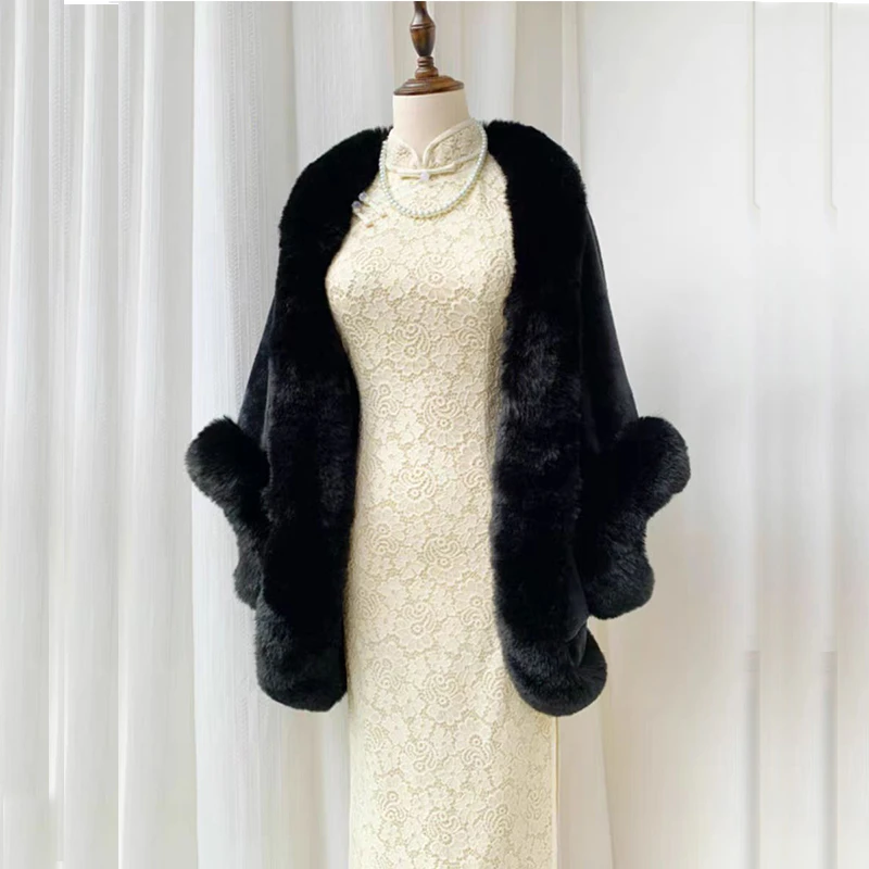 配旗袍带袖斗篷披肩女秋冬季复古文艺气质大毛领外搭保暖百搭披风