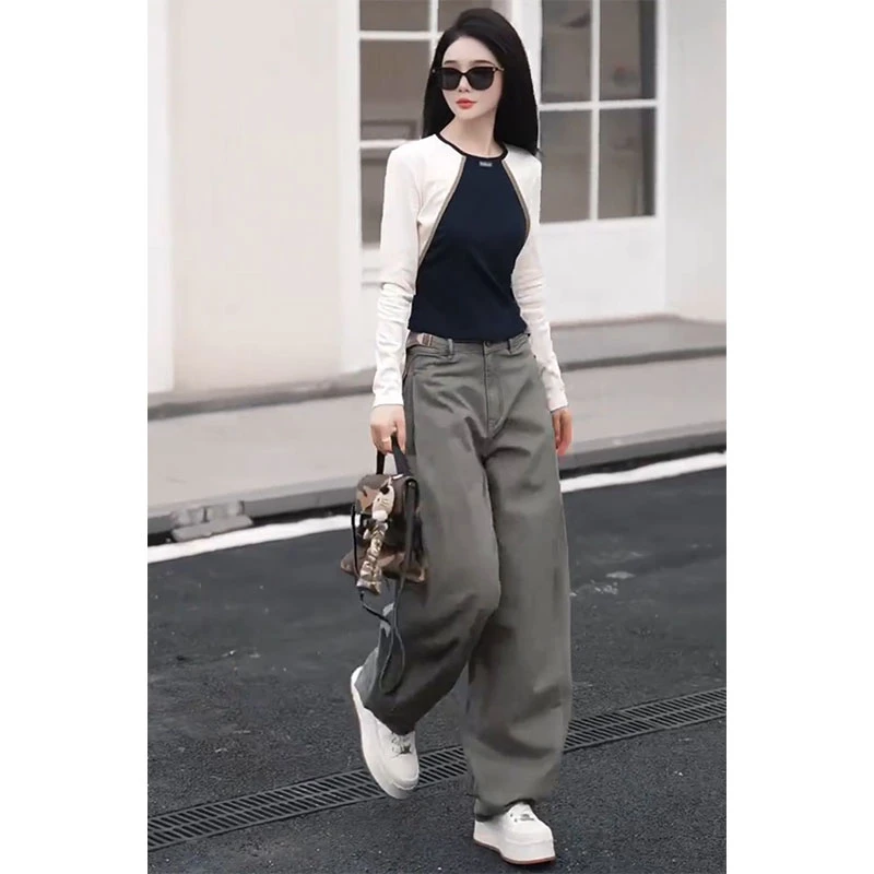 气质街头风显瘦显高穿搭一整套正肩长袖T恤秋季潮流工装休闲裤子