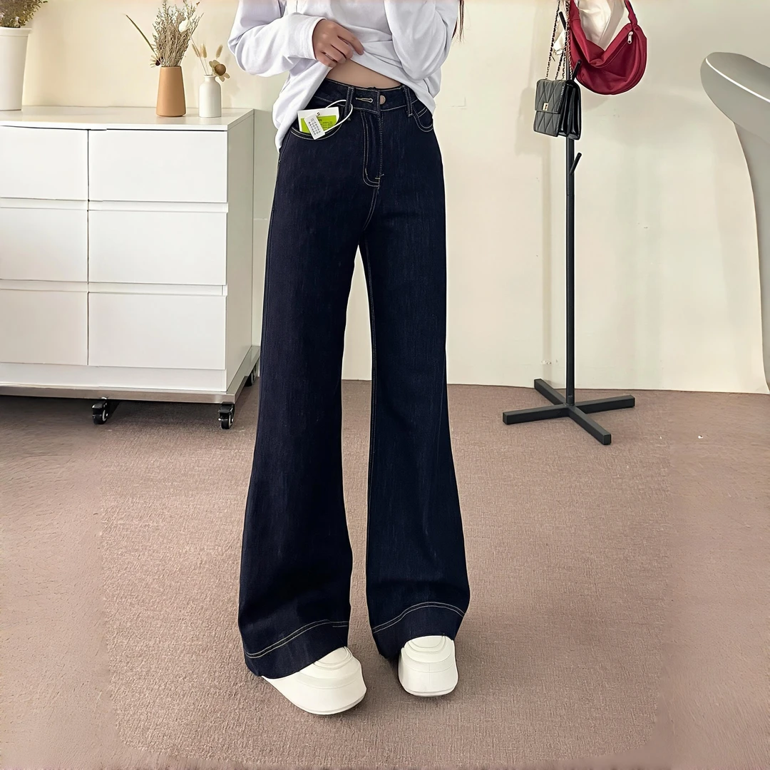 春秋季美式丹宁色微喇牛仔裤高腰直筒显瘦时尚休闲百搭修身微喇裤