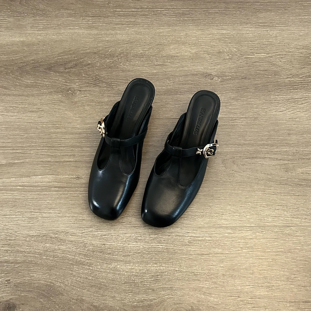 Dannyfrey法式简约风方头百搭舒适显高T字带穆勒鞋外穿包头拖5CM