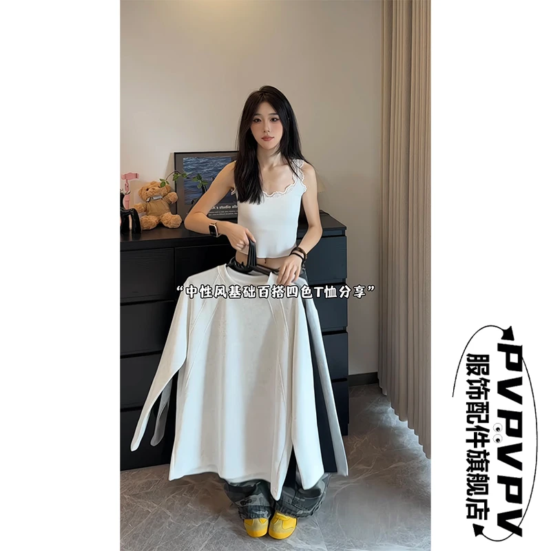 秋季圆领长袖T恤男生秋季纯色拼接卫衣宽松内搭盐系少年感体恤