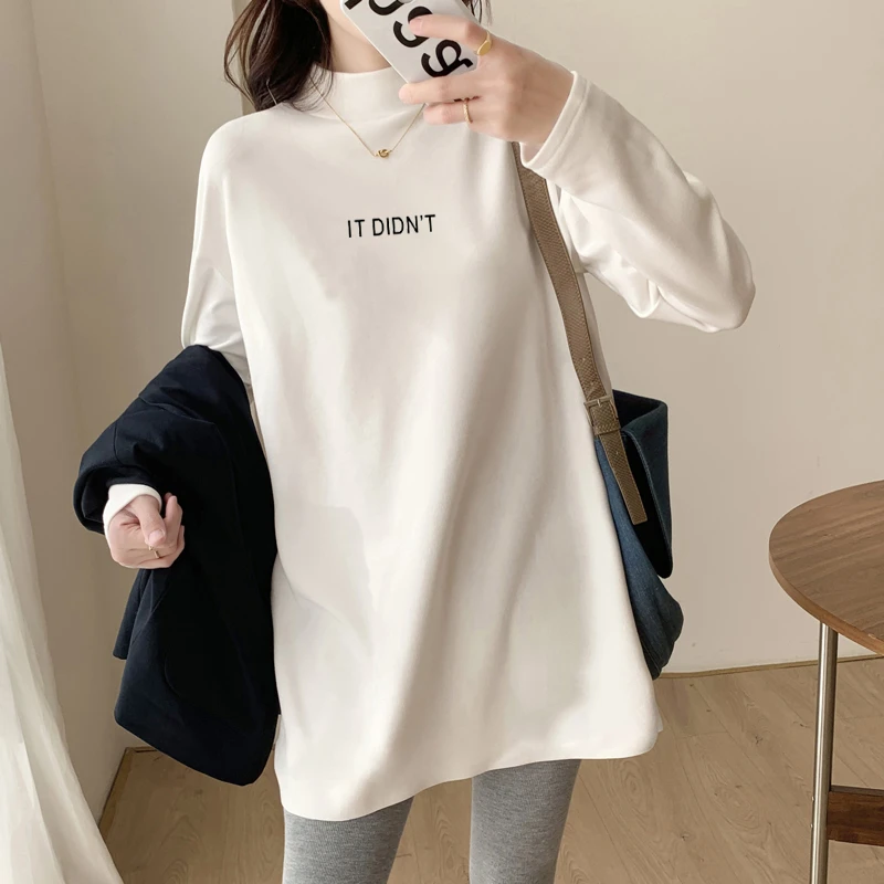 德绒加绒加厚保暖长袖T恤女宽松秋冬新款上衣打底衫半高领中长款