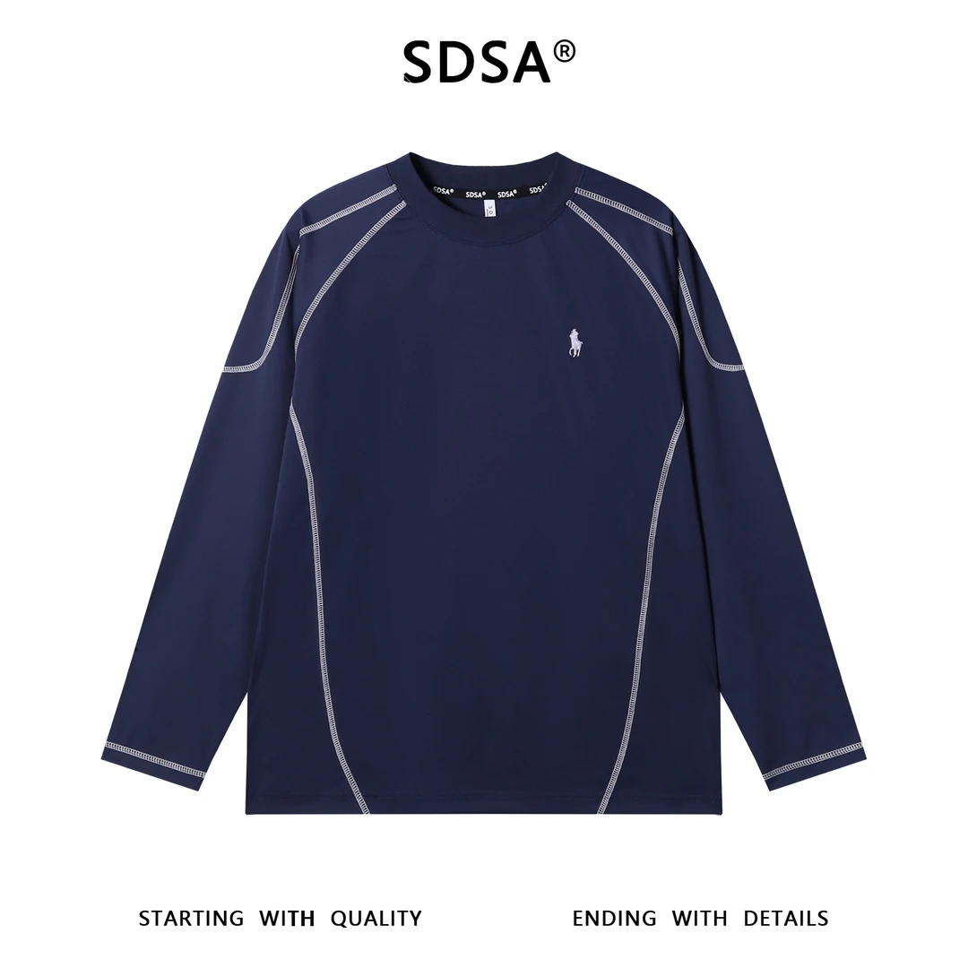 SDSA男士秋冬新款痞帅男装舒适撞色明线刺绣标圆领长袖T恤百搭潮