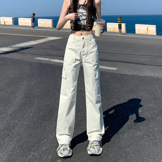 高质量爆款辣妹直筒牛仔工装裤女美式2025春夏新款显瘦窄版阔腿裤