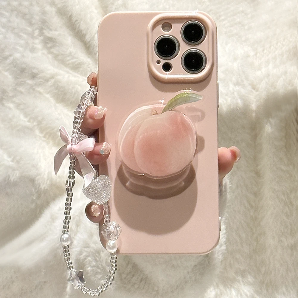 ins蜜桃支架全包苹果15手机壳适用14pro max手链12软11简约16粉色