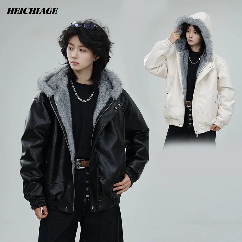 heichiage座山雕连帽大毛领pu皮衣棉服外套男女保暖宽松夹克冬季