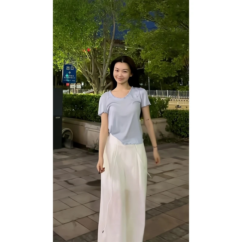 木耳边短袖针织t恤夏季薄款减龄时髦设计感上衣服直筒宽松阔腿裤