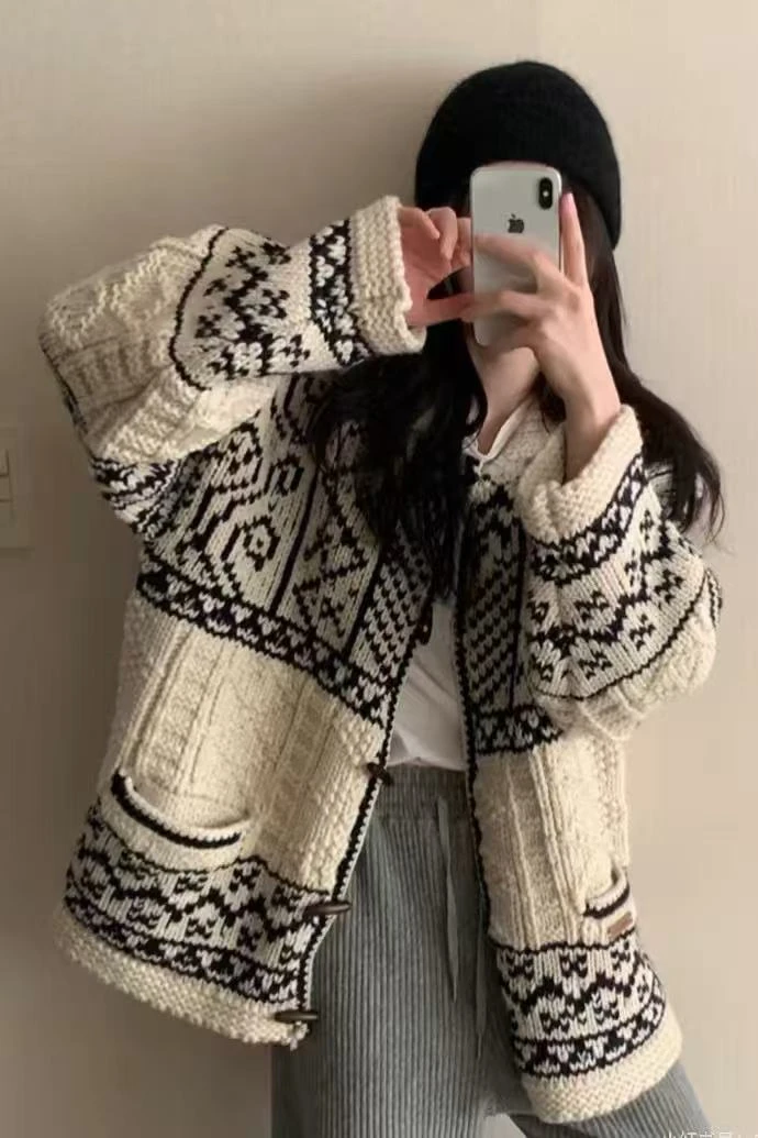 慵懒风针织宽松型女提花毛针织衫复古时尚开衫休闲