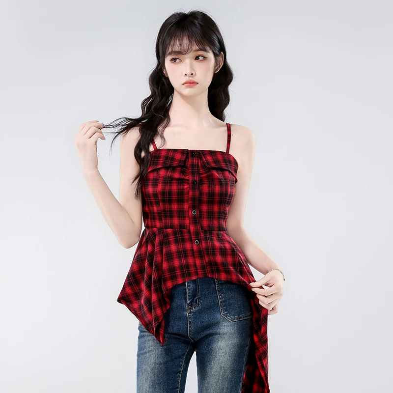 洋气不规则格子吊带挂脖背心打底无袖外穿泰式辣妹一字肩抹胸夏季