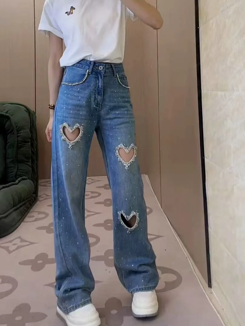 LL琳大码法式复古破洞牛仔裤女高腰显瘦直筒裤宽松阔腿长裤子191