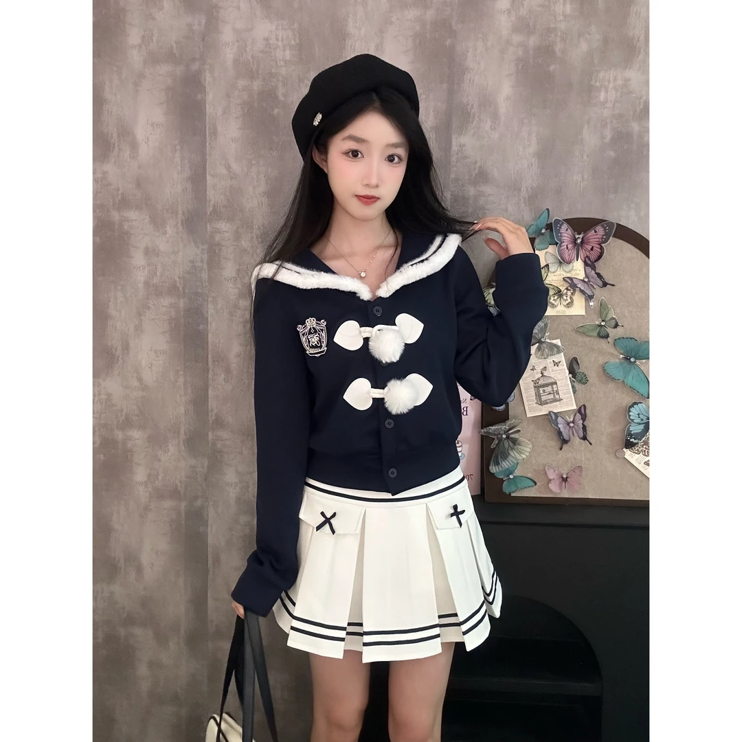 【海德女校】甜美少女风小众设计感海军领加绒上衣半裙套装极光原创