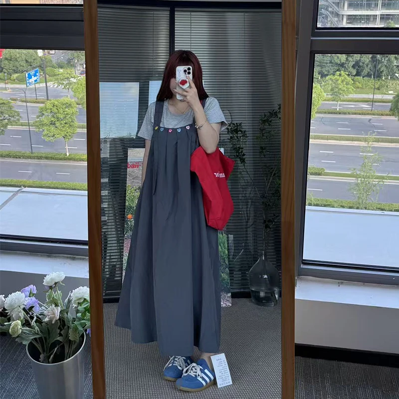 大码夏季慵懒风甜美背带连衣裙短袖T恤两件套5927#