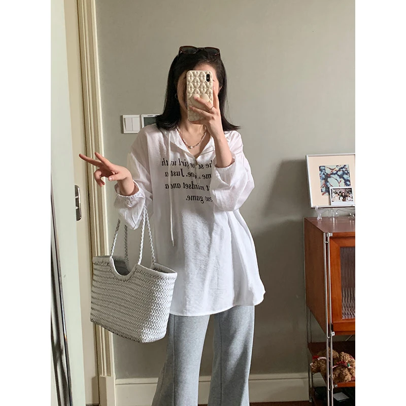 花总吖【简约公式】夏季新款慵懒风字母印花宽松连帽T恤R425X06429