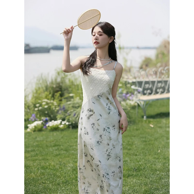 素色左岸新中式国风竹叶水墨画吊带裙qc夏季新款收腰显瘦连衣长裙