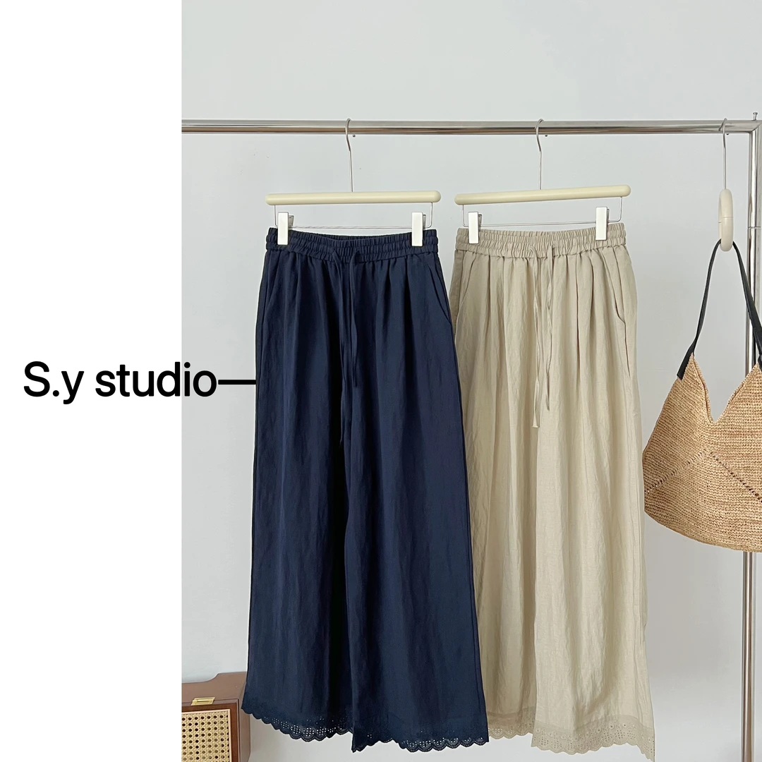 颖小颖 天丝亚麻花边拼接韩系显瘦宽松百搭时尚高腰阔腿裤女