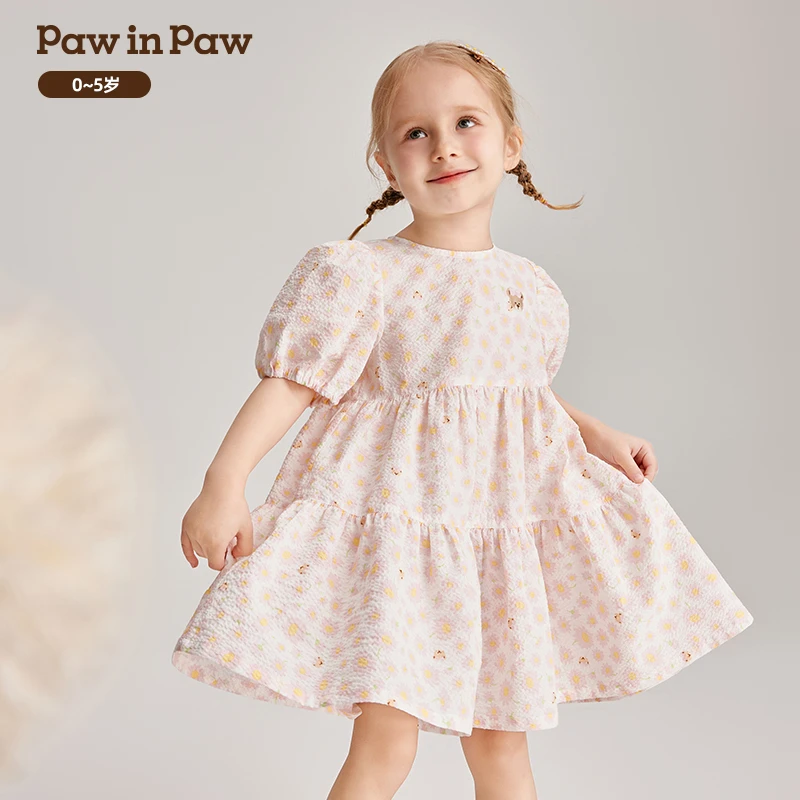PawinPaw卡通小熊童装春夏季女宝碎花泡泡袖连衣裙清新