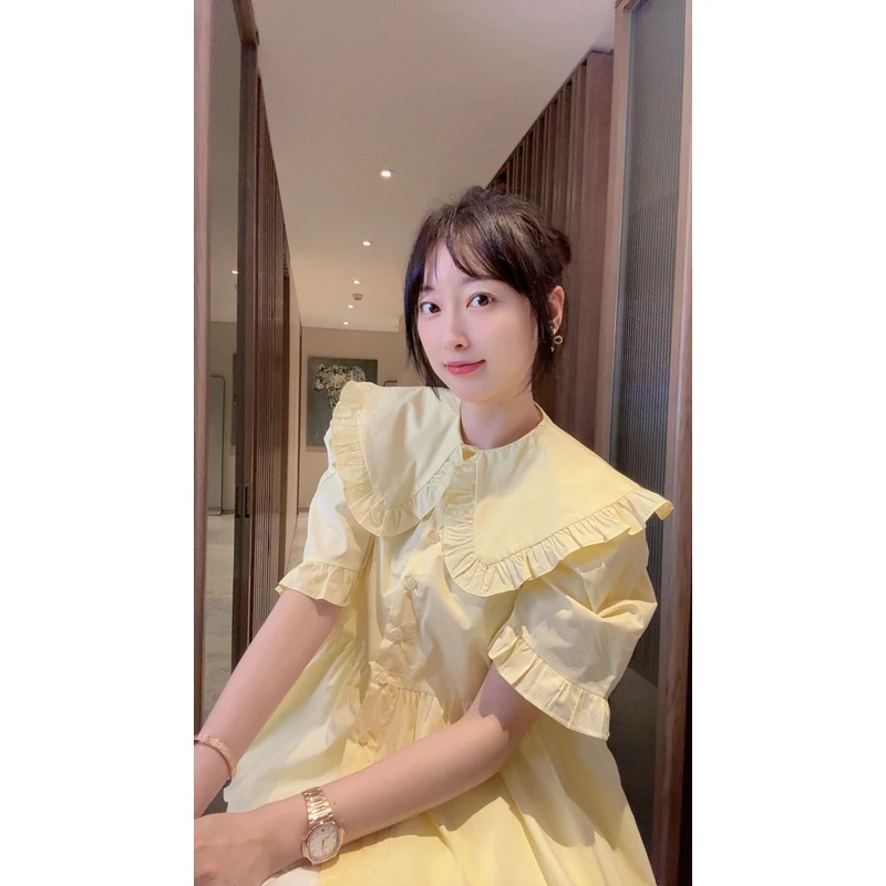 【张静芝】鹅黄荷叶娃娃领衬衫
