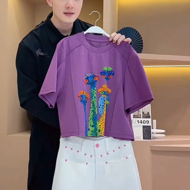 美式紫色显白设计感T恤2025夏季新款韩系淑女洋气印花显瘦上衣潮