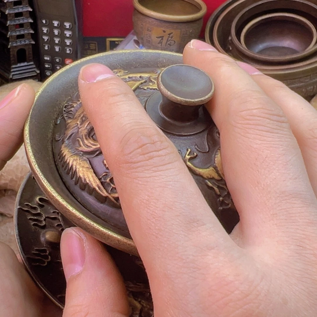 紫金风磨铜三财盖碗