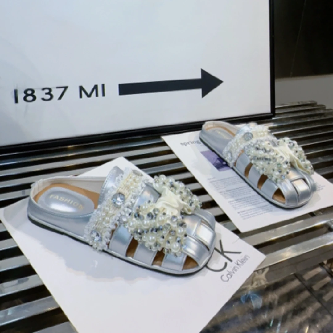 A.M艾墨儿女款夏季编织水钻小香风平底闷拖鞋