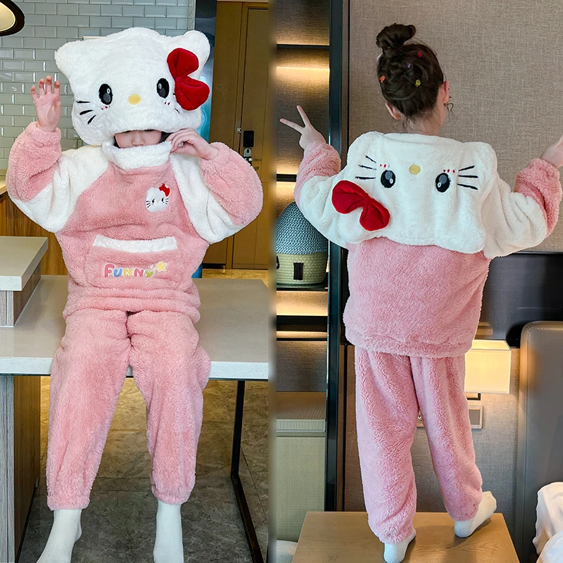 卡通KT猫秋冬季法兰绒儿童睡衣珊瑚绒连帽加绒套装保暖女孩家居服