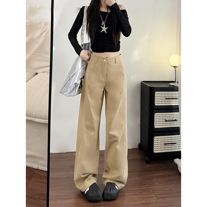卡其色阔腿牛仔裤女秋季新款大码胖mm宽松梨形身材显瘦垂感直筒裤
