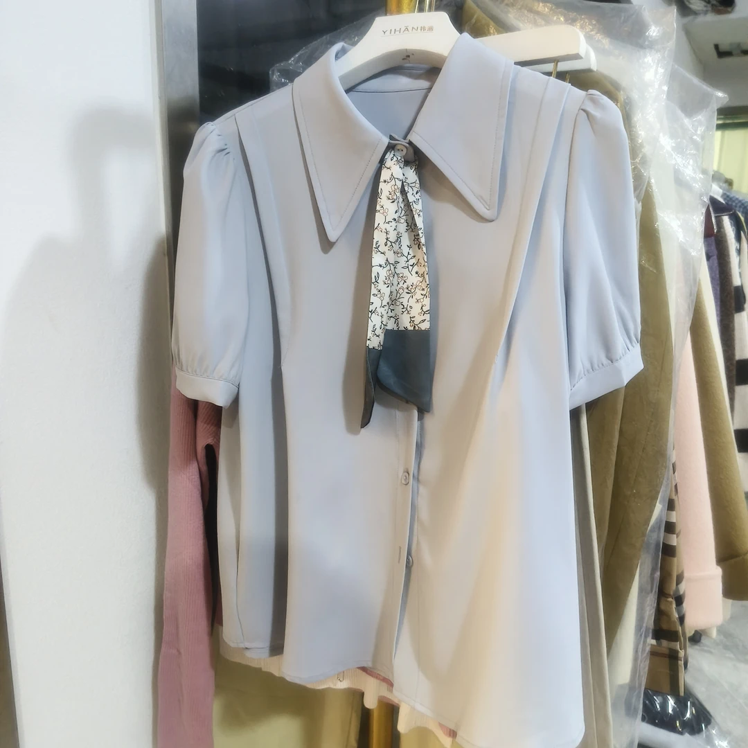 503251 2025新款法式时尚翻领配飘带短袖衬衫