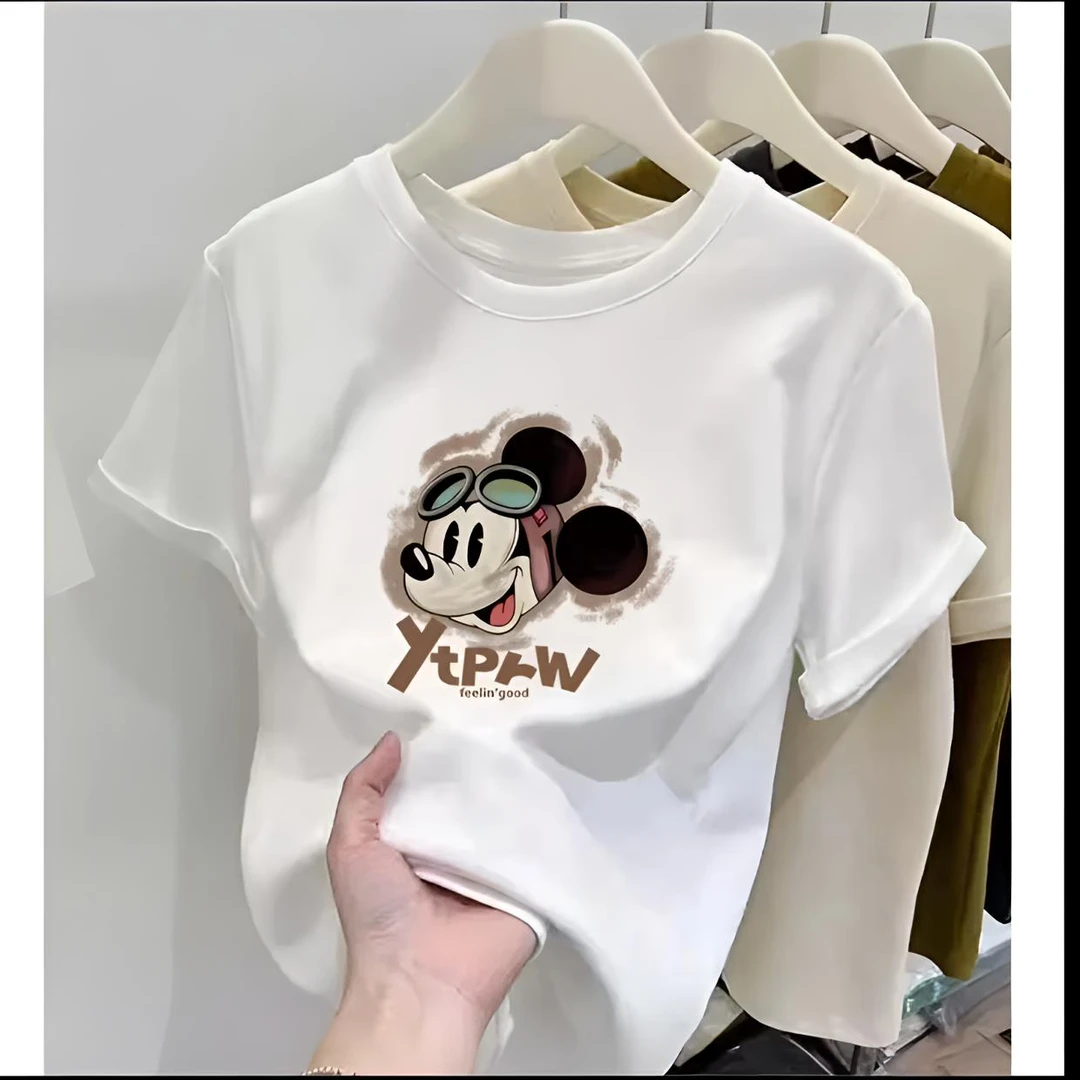 【米奇】立体印花夏季新款国潮复古显瘦时尚白色半袖t恤设计感ins