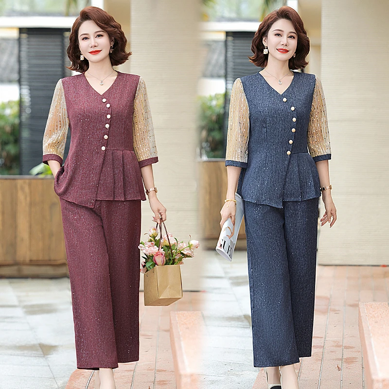 妈妈装春夏装时尚套装洋气质中老年女装宽松七分袖上衣裤子两件套
