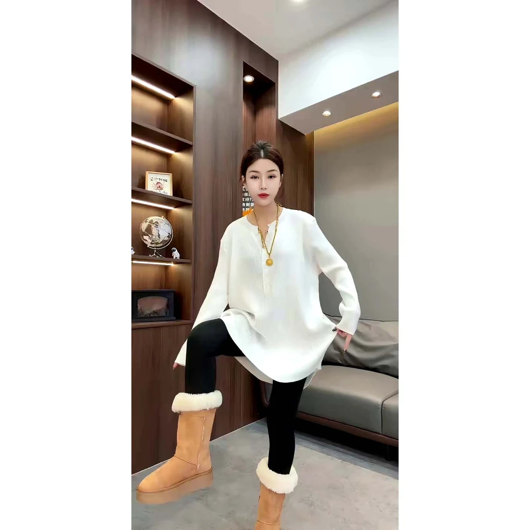 韩系慵懒风宽松大版半开领纽扣长袖中长款针织衫