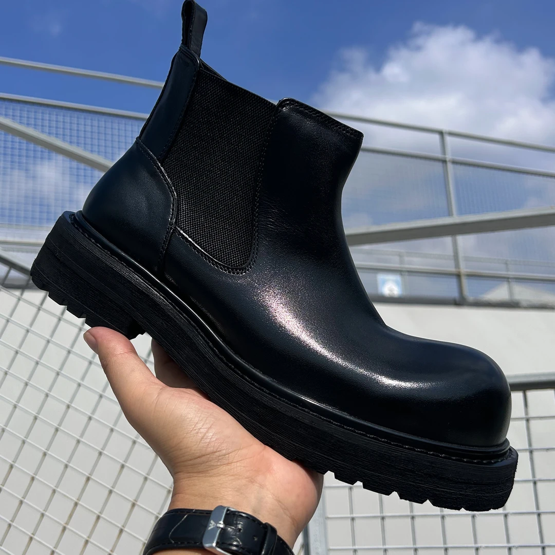 秋冬新款欧美时尚潮流圆头厚底短靴轻职风里外全牛皮青年切尔西靴