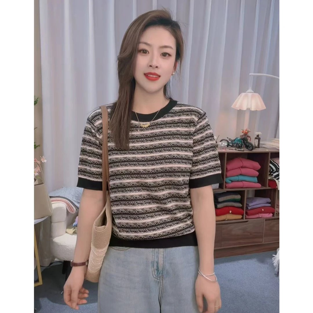 夏季薄款小香风条纹短袖毛针织衫时尚显瘦复古上衣休闲圆领
