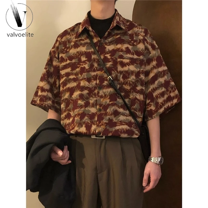 VALVOELITE夏季美式复古港味宽松短袖花衬衫男女休闲上衣设计小众