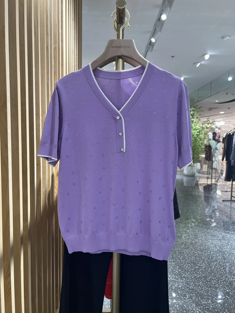声雨竹1p745春夏小香风短袖V领烫钻针织衫大码宽松显瘦上衣纯色