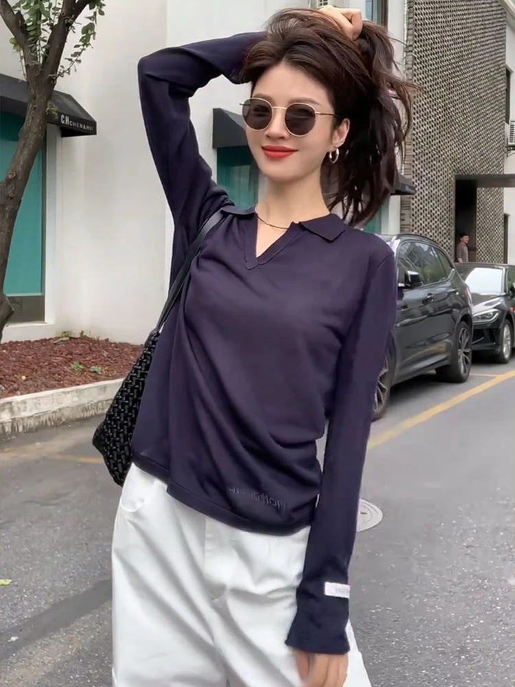 巨好看的藏蓝色长袖防晒罩衫T恤女夏薄款独特漂亮气质POLO领上衣