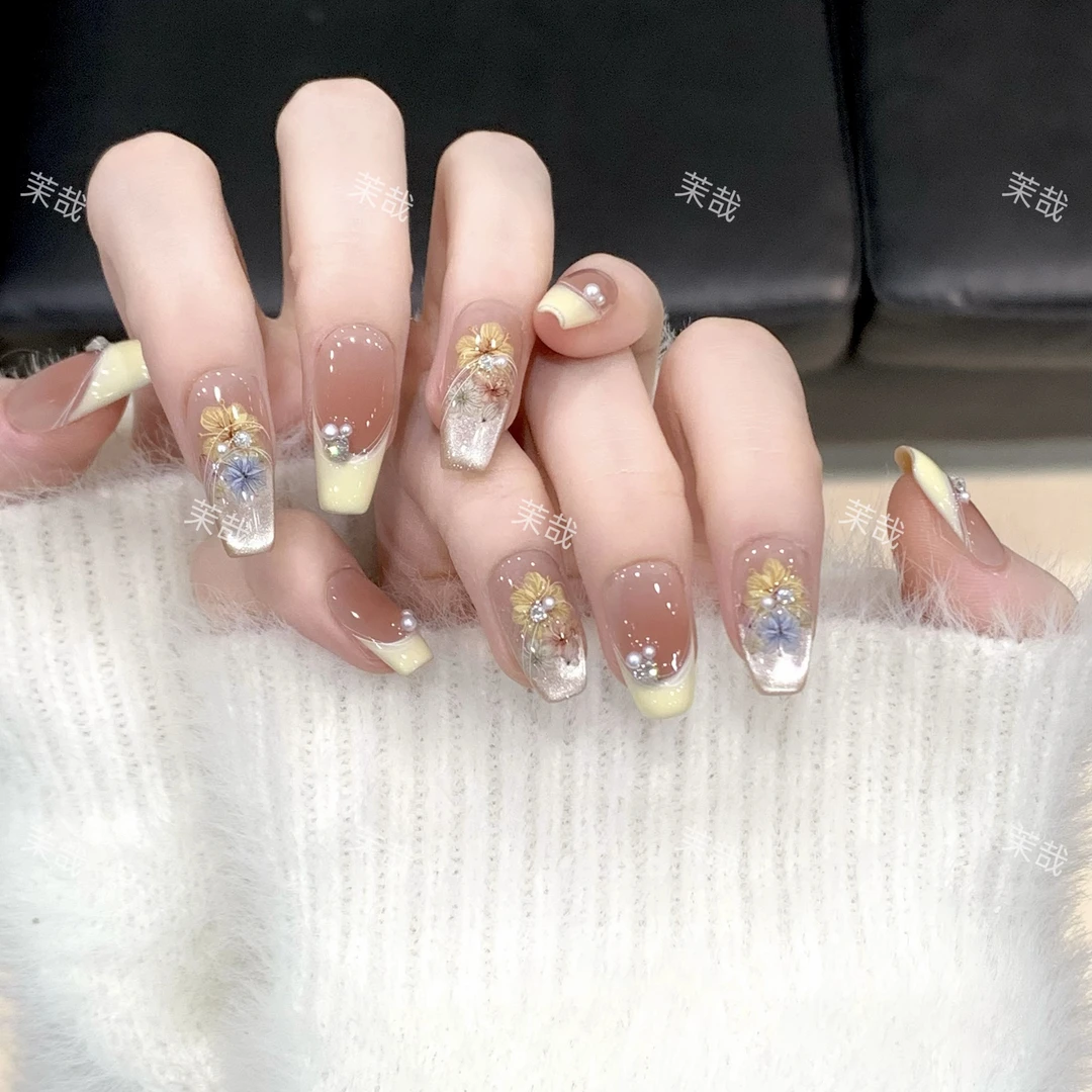 茉哉清现货【夏日雏菊】纯手工定制美甲拆卸穿戴甲A4149
