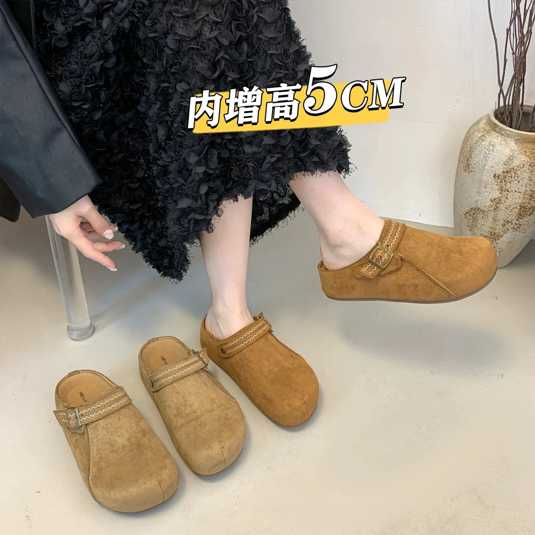 三福真皮厚底内增高两穿勃肯包头拖鞋女外穿2025新款秋季博肯拖鞋