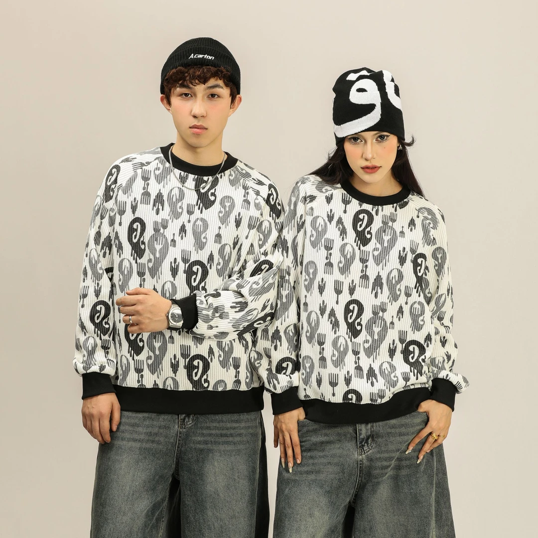 BH-BLACK新疆民族风艾德莱斯满印卫衣男女同款圆领上衣