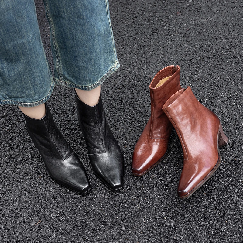 2025秋冬新款后拉链时装短靴女粗跟百搭时尚真皮中跟英伦切尔西靴