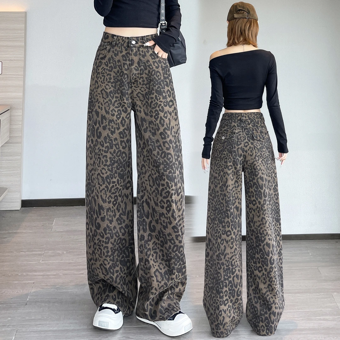 美式豹纹工装裤牛仔裤女2025新款春秋高腰宽松窄版显瘦直筒阔腿裤