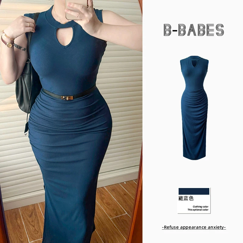 B-babes【烟岚云岫】法式气质无袖圆领连衣裙御姐收腰显瘦褶皱长裙