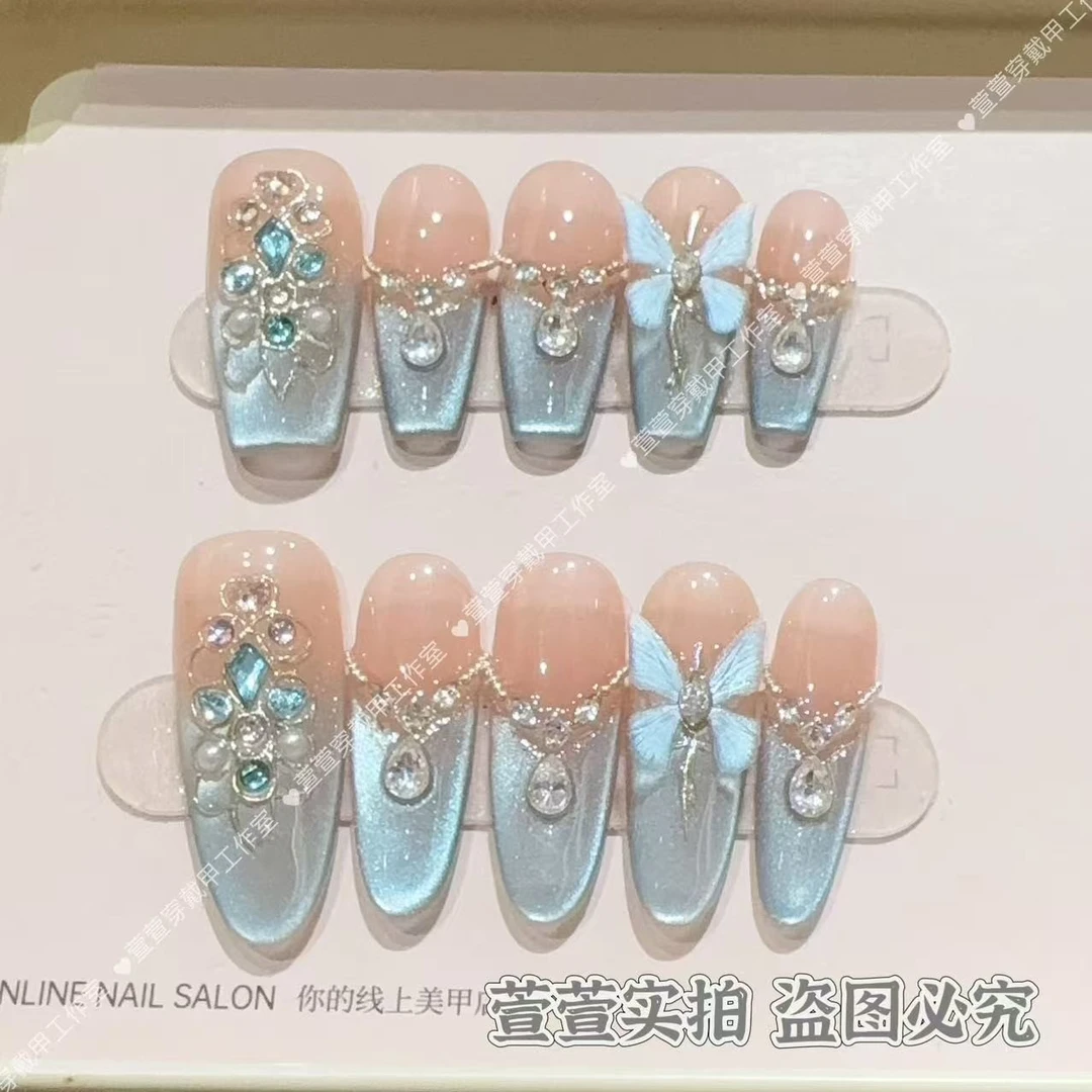 【冰雪蝶】纯手工穿戴甲气质款光疗美甲可拆卸贴片10片装