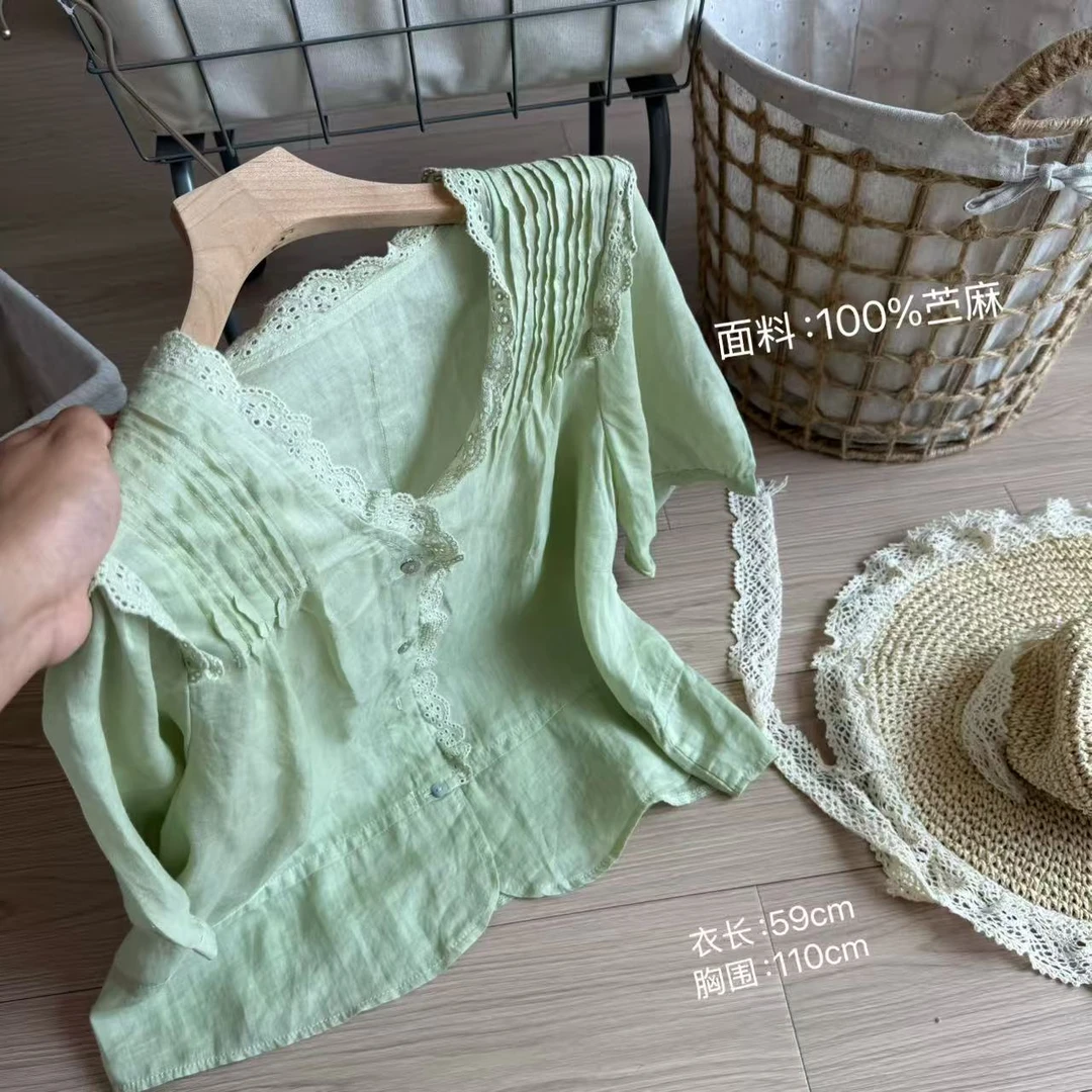 小柒家Y452-吸汗短袖薄款褶皱V领夏季衬衫设计感娃娃衫荷叶边
