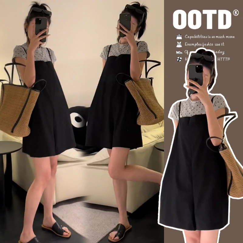 时髦孕妇装新款2025夏季新款背带裤显瘦款气质小个子高腰波点上衣