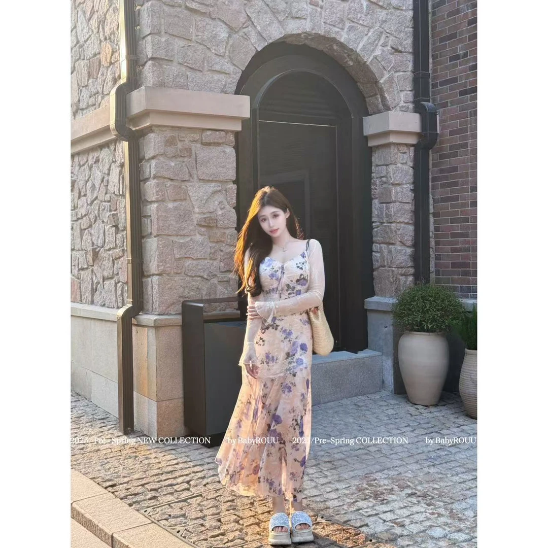 温与柔【夜雨紫藤】春夏多巴胺掐腰显瘦蕾丝碎花吊带连衣裙